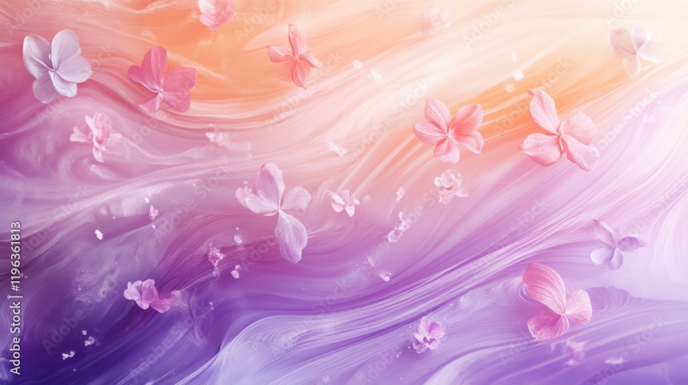 Abstract spring design with swirling pastel colors and scattered floral shapes Abstract spring design with swirling pastel colors and scattered floral shapes