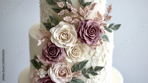 A threetier floral cake with intricate sugar roses and leaves