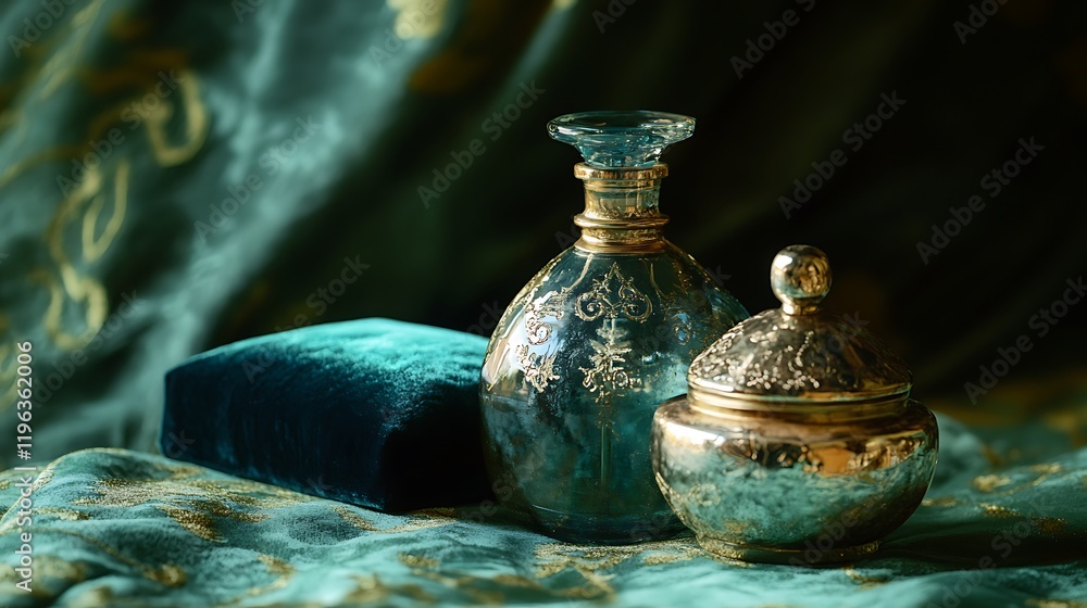 A tiny glass bottle with a velvet cushion and a shiny container