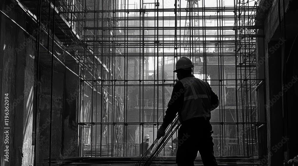 45.A laborer in safety gear handling steel rebar, surrounded by active construction work, with a backdrop of scaffolding, concrete walls, and other workers in motion. 45.A laborer in safety gear handling steel rebar, surrounded by active construction work, with a backdrop of scaffolding, concrete walls, and other workers in motion.