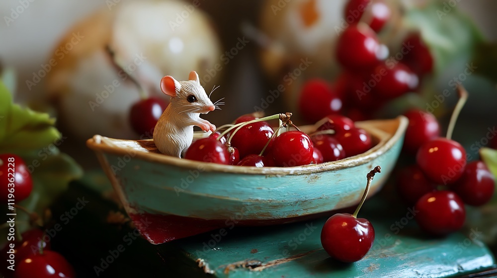 A toy boat with a mouse and cherries