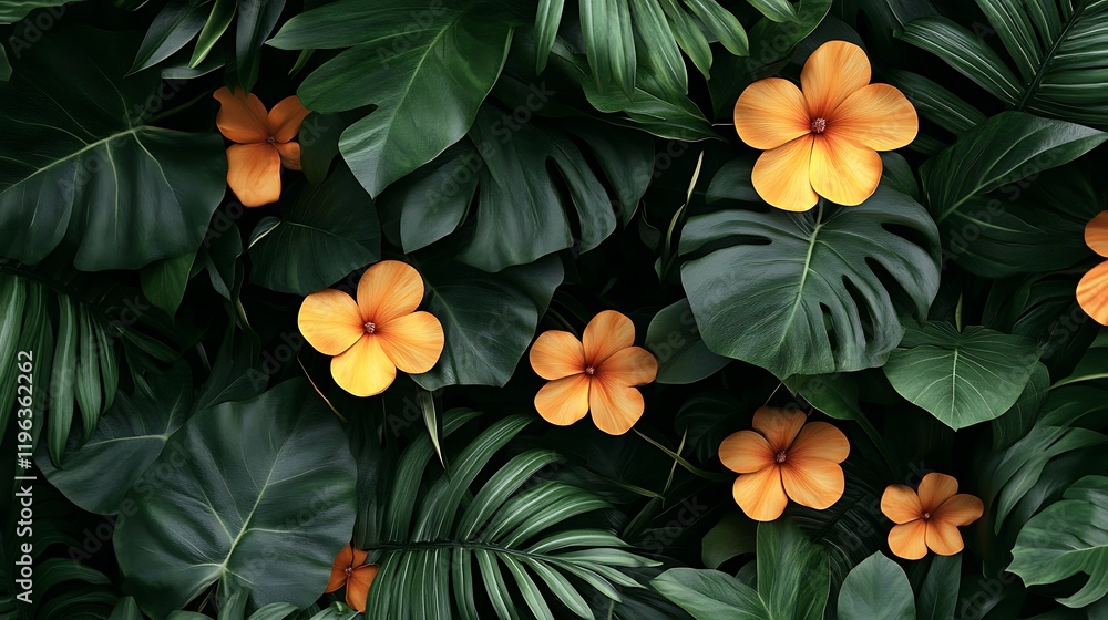 Fototapeta premium Tropical flowers, lush foliage, green background, vibrant design, website banner
