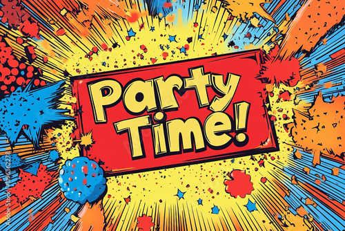 The image is a vibrant and colorful comic-style illustration with a red and blue background