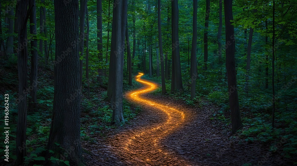 A tranquil forest with a glowing path winding through the trees leading to an unknown destination
