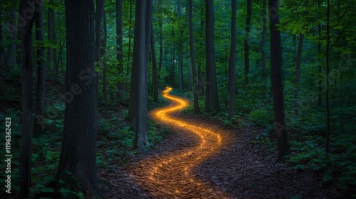 Obraz na płótnie A tranquil forest with a glowing path winding through the trees leading to an unknown destination w salonie