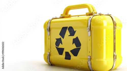 Ecofriendly travel, yellow suitcase with recycle symbol for sustainable tourism photo