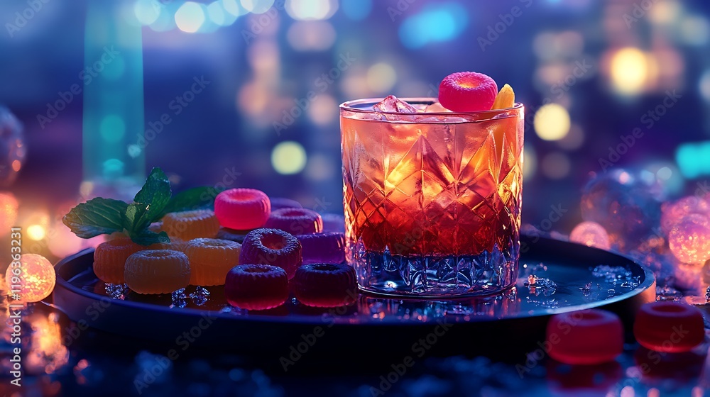 A tray of jellies gummy rings and a cocktail surrounded by glowing lights and a distant landmark