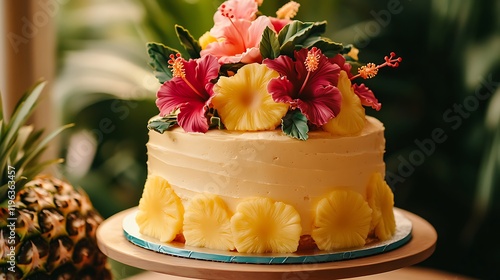Obraz na płótnie A tropical cake decorated with edible hibiscus flowers and pineapple slices w salonie