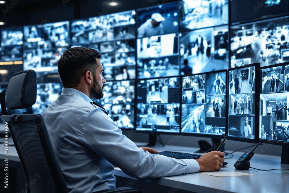 Security personnel monitoring multiple surveillance screens in a control room. Security personnel monitoring multiple surveillance screens in a control room.