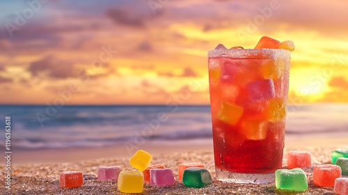 Obraz na płótnie A tropical drink with jelly and gummy cubes arranged around it set against a glowing beach sunset w salonie