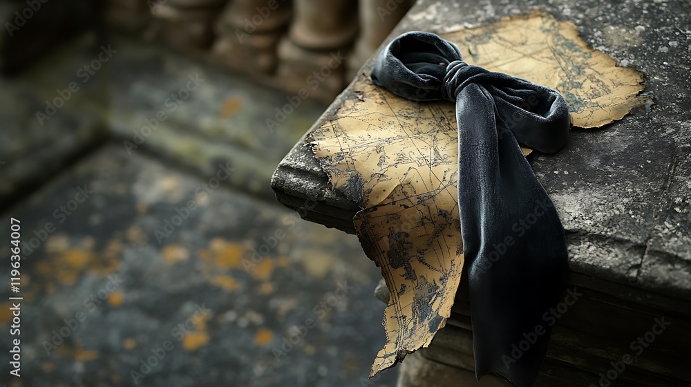 A velvet ribbon with a weathered map on the edge of a stone balcony
