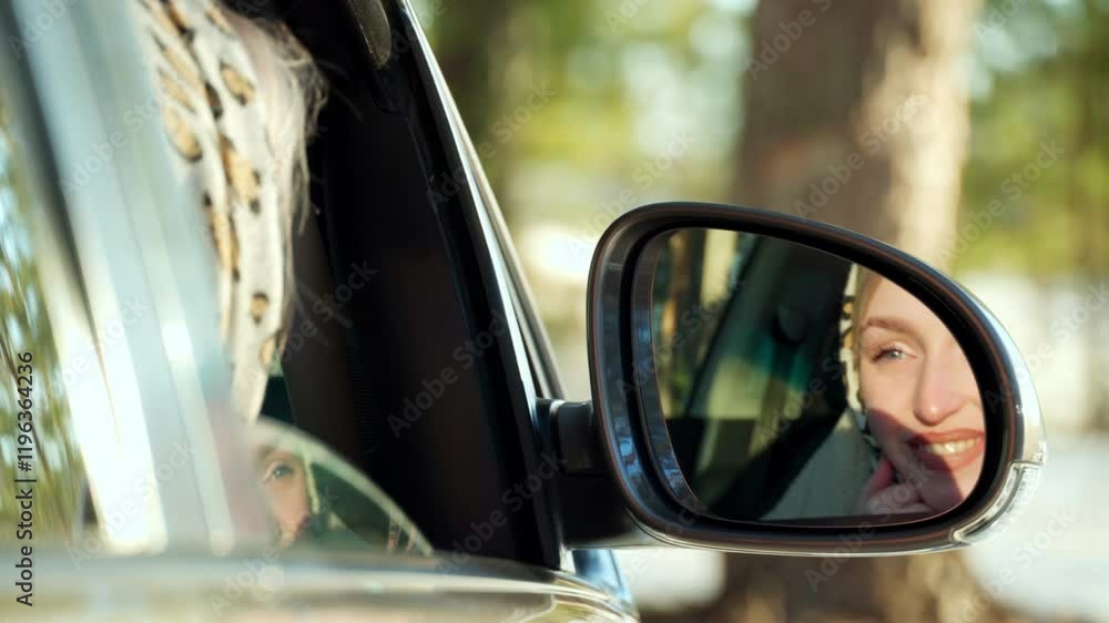 A young girl sitting in a car looks in the rearview mirror, admiring herself and fixing her hair. Female beauty. A young girl sitting in a car looks in the rearview mirror, admiring herself and fixing her hair. Female beauty.