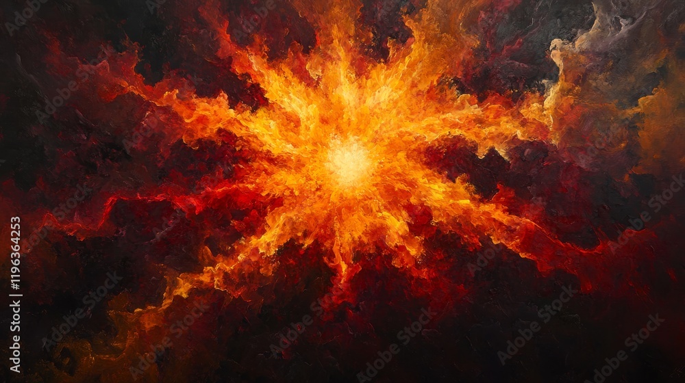 Fototapeta premium 92.A vivid explosion of fiery reds and glowing yellows bursting outward from a dark center, surrounded by thick swirling smoke and intense heat radiating from the scene.