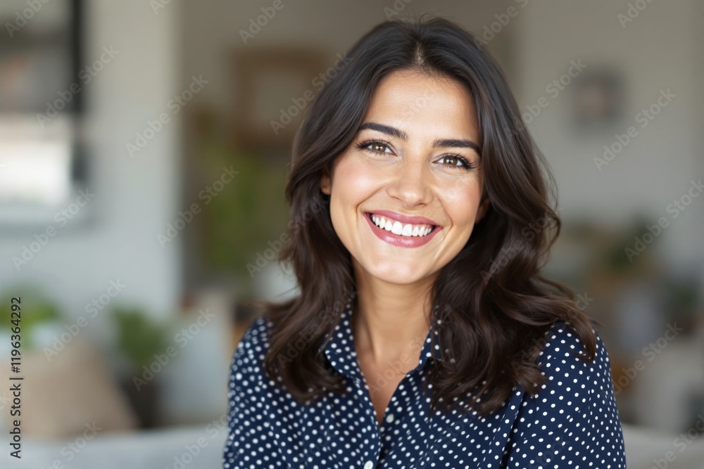 Smiling woman in polka dot shirt indoors with blurred background.