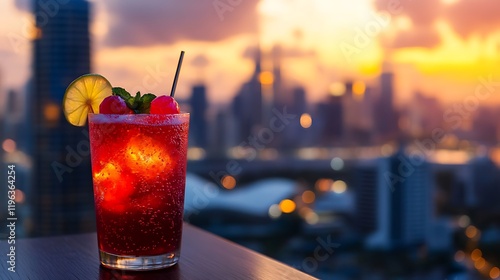 Obraz na płótnie A vibrant sparkling cocktail with jelly treats on a balcony with a famous city skyline in the distance w salonie