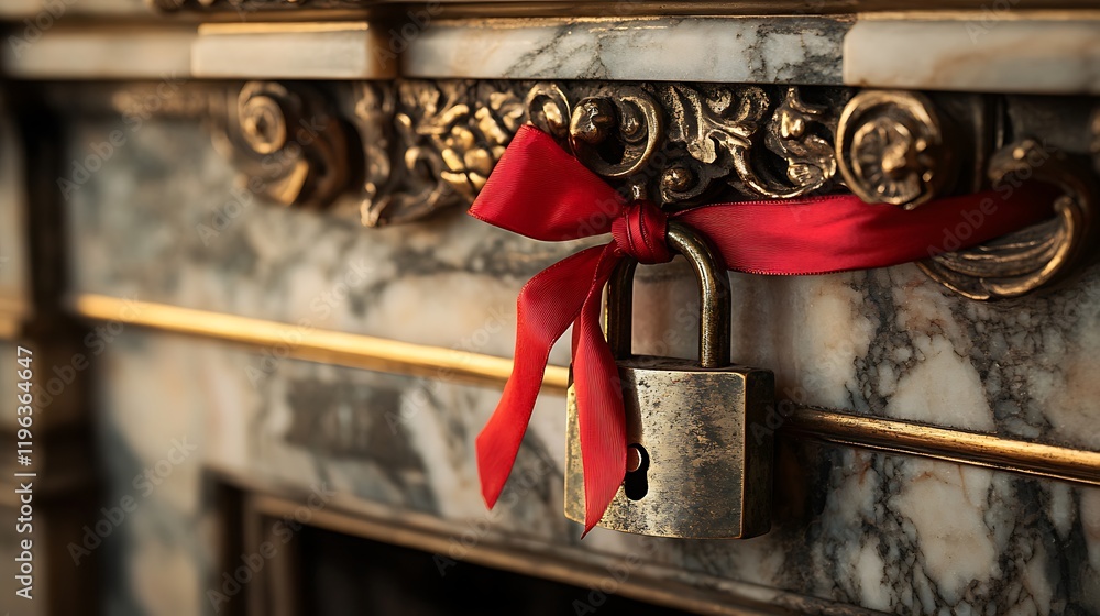 A vintage lock with a red ribbon on the edge of a marble fireplace