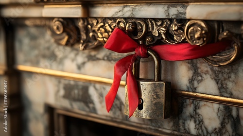 Obraz na płótnie A vintage lock with a red ribbon on the edge of a marble fireplace w salonie