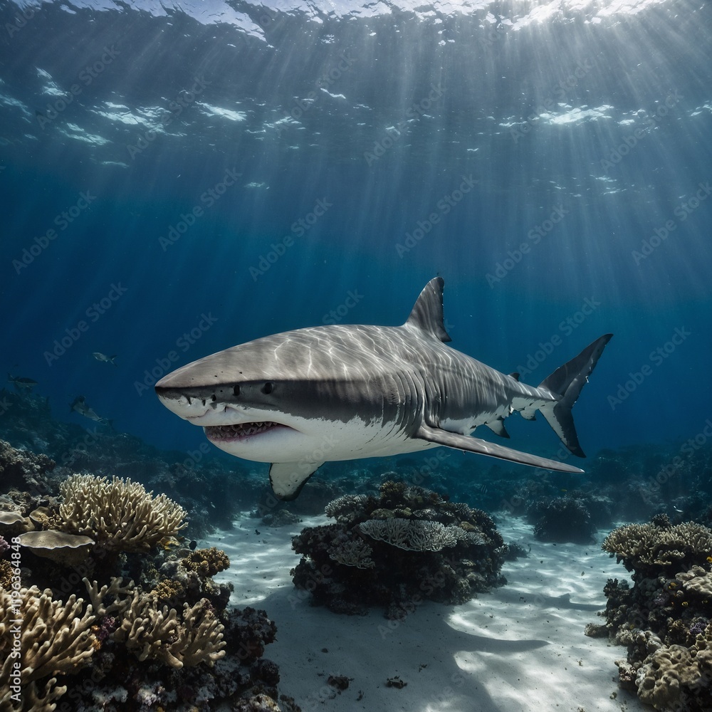 Fototapeta premium A serene depiction of a great white shark swimming near a coral reef, isolated on white.