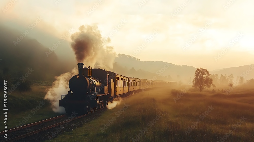 A vintage steam train traveling through a foggy valley at dawn