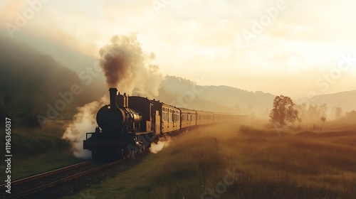 Obraz na płótnie A vintage steam train traveling through a foggy valley at dawn w salonie
