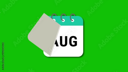 Calendar Flipping Months Name Pages Animation Monthly On Green Background. 4K Resolution
