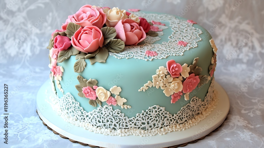 A vintage tea party cake with floral patterns and lace designs