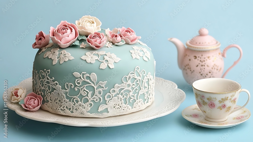 A vintage tea party cake with floral patterns and lace designs