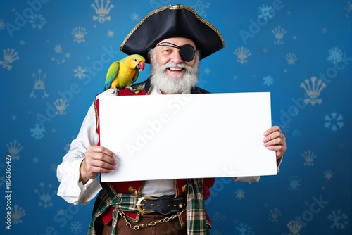 Pirate with parrot holding blank sign on festive blue background. photo