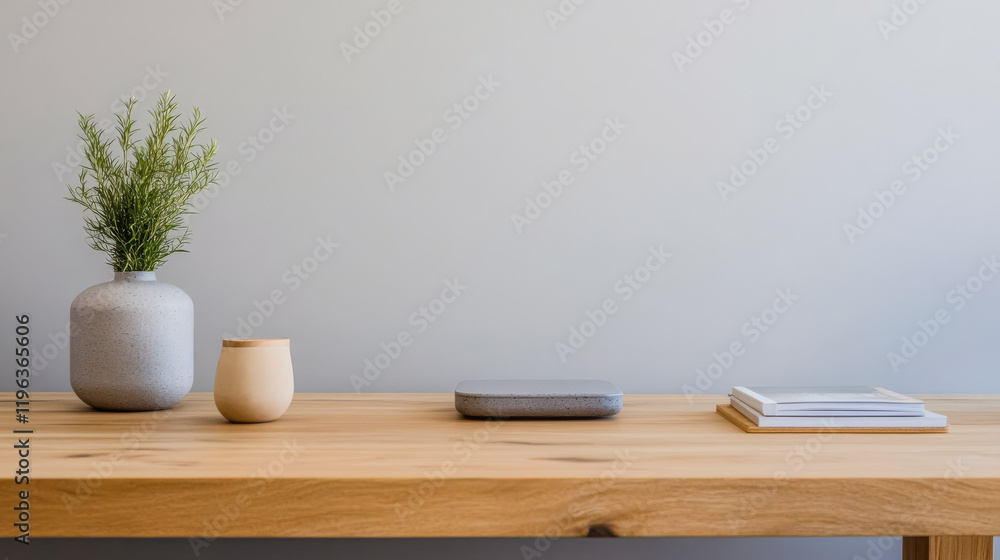 Modern wooden table displaying minimalist decor with plants and books in a bright space Modern wooden table displaying minimalist decor with plants and books in a bright space