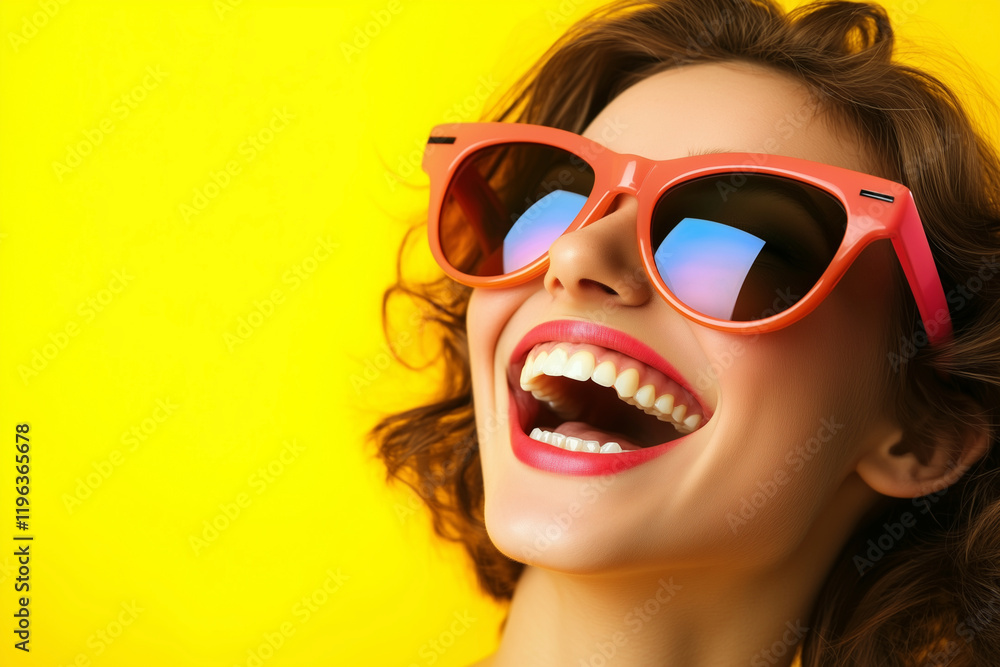 woman wearing a pair of red sunglasses is smiling and laughing. The sunglasses are pink and have blue lenses woman wearing a pair of red sunglasses is smiling and laughing. The sunglasses are pink and have blue lenses