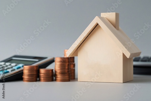 a wooden model of a house positioned prominently on a light gray surface. Beside the house, there are several stacks of coins, suggesting a financial theme related to real estate or investment photo