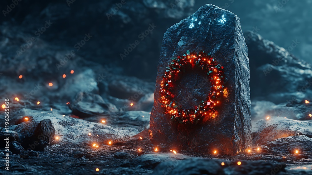A weird stone monolith with a christmas wreath adorned by lights