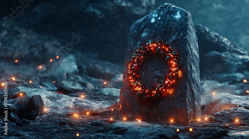 Obraz na płótnie A weird stone monolith with a christmas wreath adorned by lights w salonie