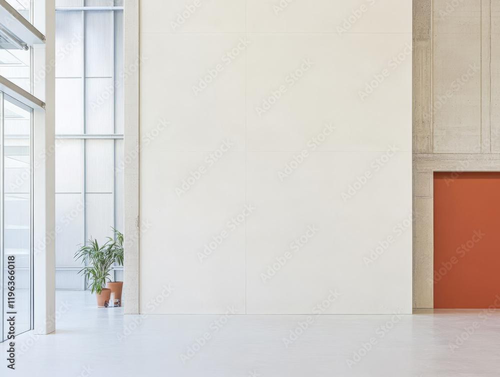 Fototapeta premium Modern architectural interior with minimalistic design and large windows in a bright space
