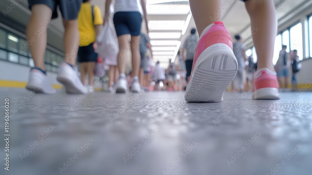Fototapeta premium A close-up view of a sneaker on a walkway, surrounded by people walking, highlighting movement and urban life.