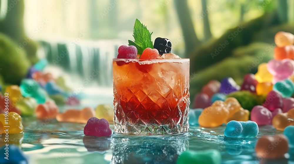 A whimsical cocktail with jelly toppings surrounded by bright gummies and a tranquil river view