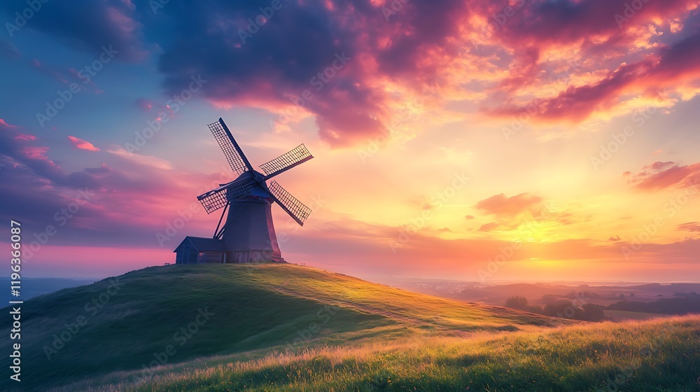 A windmill on a grassy hilltop under a vibrant sunset sky