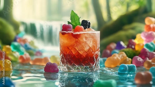 A whimsical cocktail with jelly toppings surrounded by bright gummies and a tranquil river view