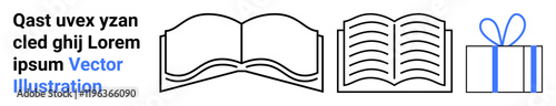 Black outline icons of an open book, closed book, and gift box with ribbon beside placeholder text. Ideal for education, reading, learning, gifts, publishing literature holidays. Landing page