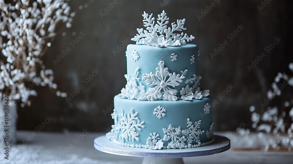 A winter wonderland cake with snowflakes and an icy blue palette