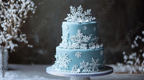 Obraz na płótnie A winter wonderland cake with snowflakes and an icy blue palette w salonie