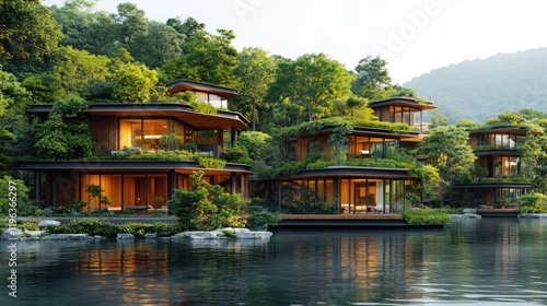 Eco-resort lake houses, lush forest, sunset, luxury