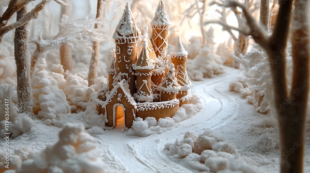 A winter woodland with a gingerbread castle encircled by powdered sugar paths