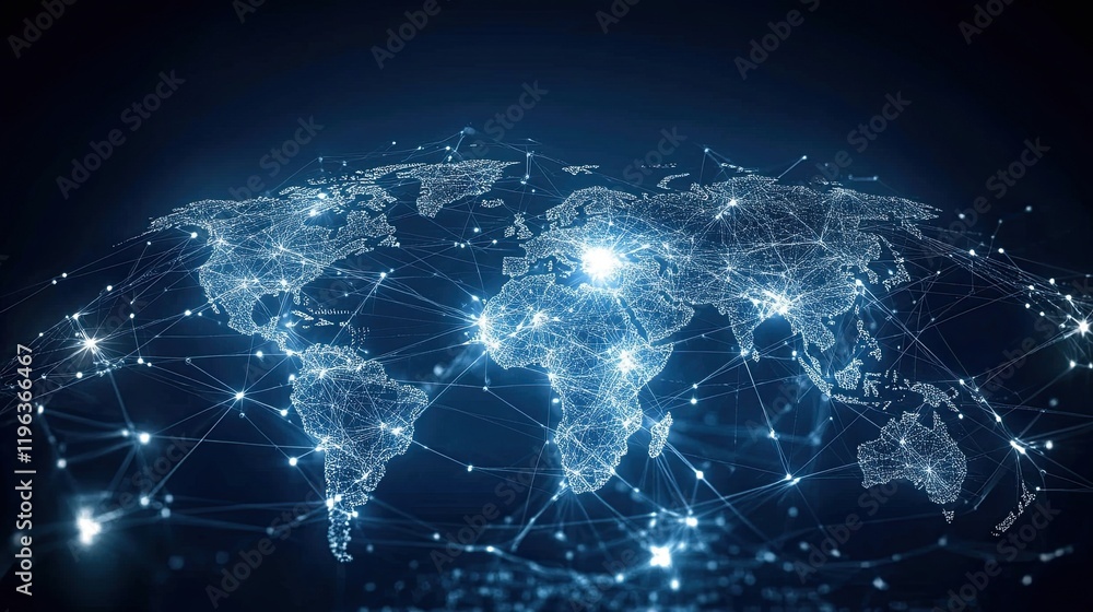 The abstract design of a global business network and social media connections concept shows a digital network of linked nodes and lines for technology and corporate communication. 