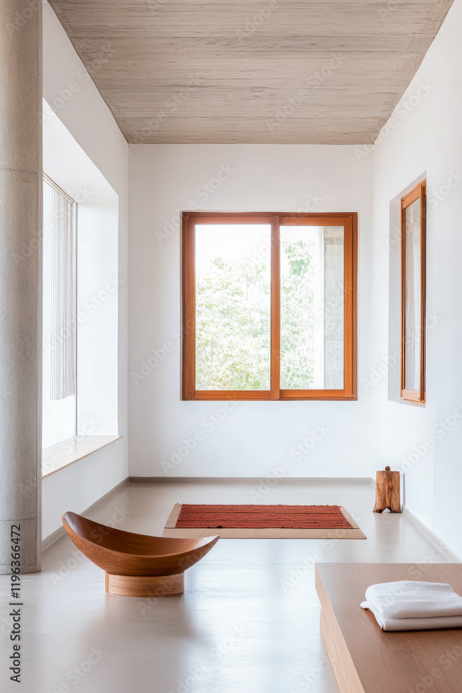 Modern interior design featuring wooden details and large windows in a tranquil setting Modern interior design featuring wooden details and large windows in a tranquil setting