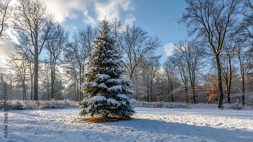 Obraz na płótnie A wooded clearing with a glistening christmas tree encircled by unmelted snow w salonie