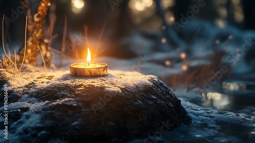 Obraz na płótnie A wintertime setting with a flashing candle on a muddy boulder w salonie