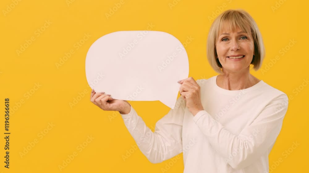 A woman with shoulder-length blonde hair is smiling gently while holding a blank speech bubble. She stands in front of a vibrant yellow backdrop, inviting conversation or expression. A woman with shoulder-length blonde hair is smiling gently while holding a blank speech bubble. She stands in front of a vibrant yellow backdrop, inviting conversation or expression.