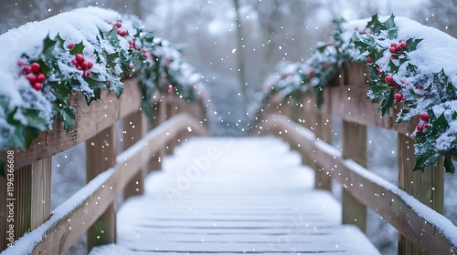 Obraz na płótnie A wooden bridge covered in snow with a beautiful garland of holly w salonie