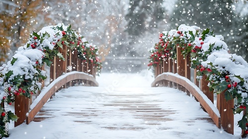 Obraz na płótnie A wooden bridge covered in snow with a beautiful garland of holly w salonie